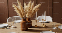 Modern Dining Table Decor with Beige Pampas Grass and Gold Candlesticks