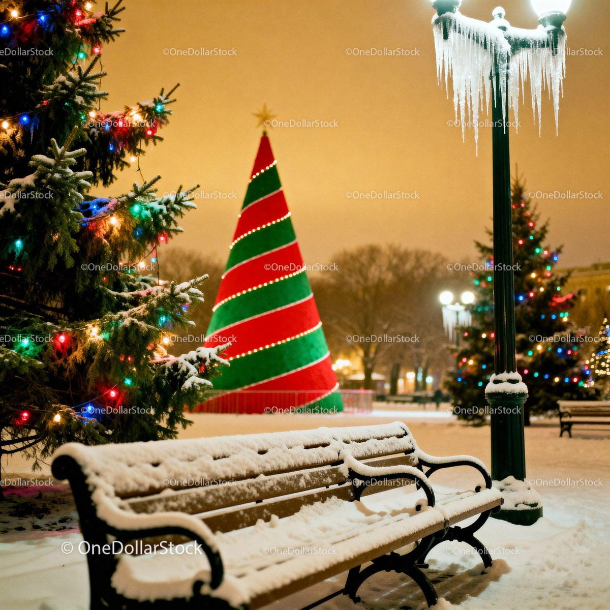 Snow-covered park bench near decorated Christmas trees