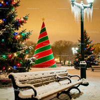 Snow-covered park bench near decorated Christmas trees