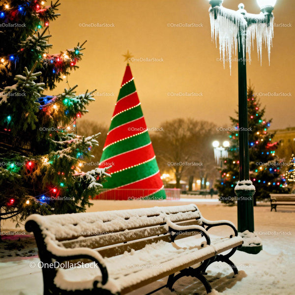 Snow-covered park bench near decorated Christmas trees