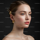 Elegant Woman with Gold Floral Earrings and Hair Clip