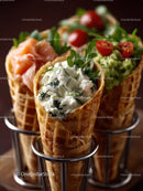 Assorted Ice Cream Cones with Fresh Fruit and Herbs on Wicker Holder
