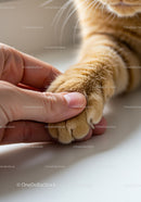 Gentle touch between human hand and cat paw