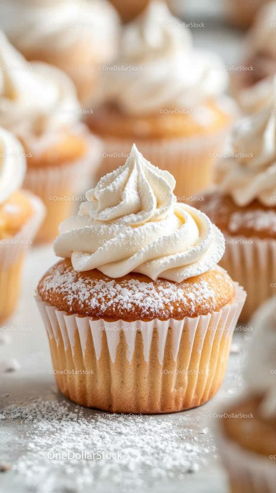 Delicious Vanilla Frosted Cupcake with Powdered Sugar Topping