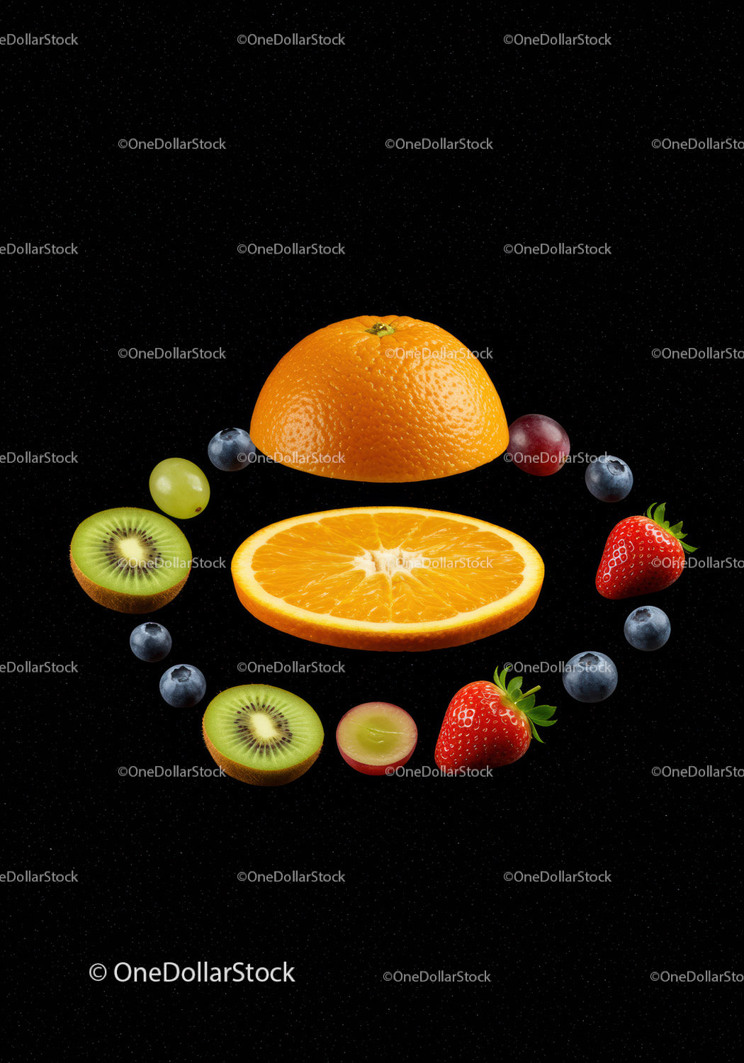 Fresh citrus and assorted fruits arranged on black