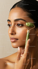 Elegant Woman Using Jade Roller for Facial Rejuvenation and Skin Care