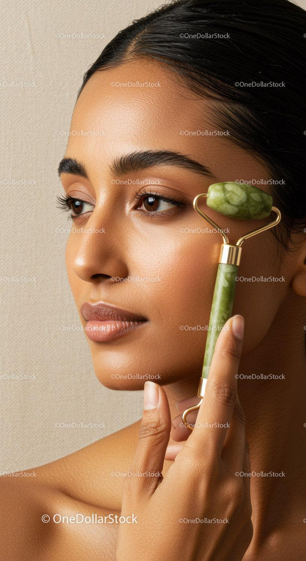 Elegant Woman Using Jade Roller for Facial Rejuvenation and Skin Care