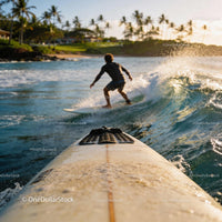 Surfer riding waves near tropical coastline at sunset
