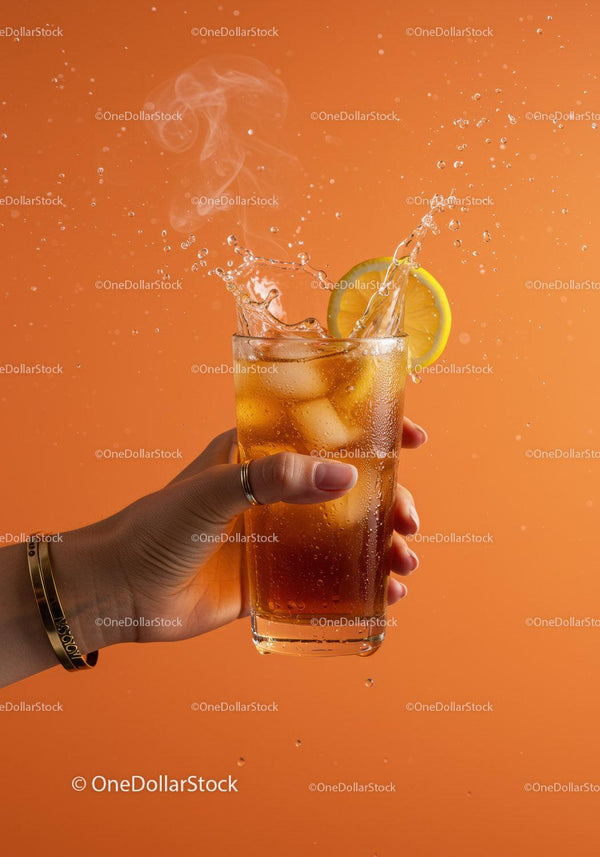 Refreshing iced tea splash with lemon slice in hand