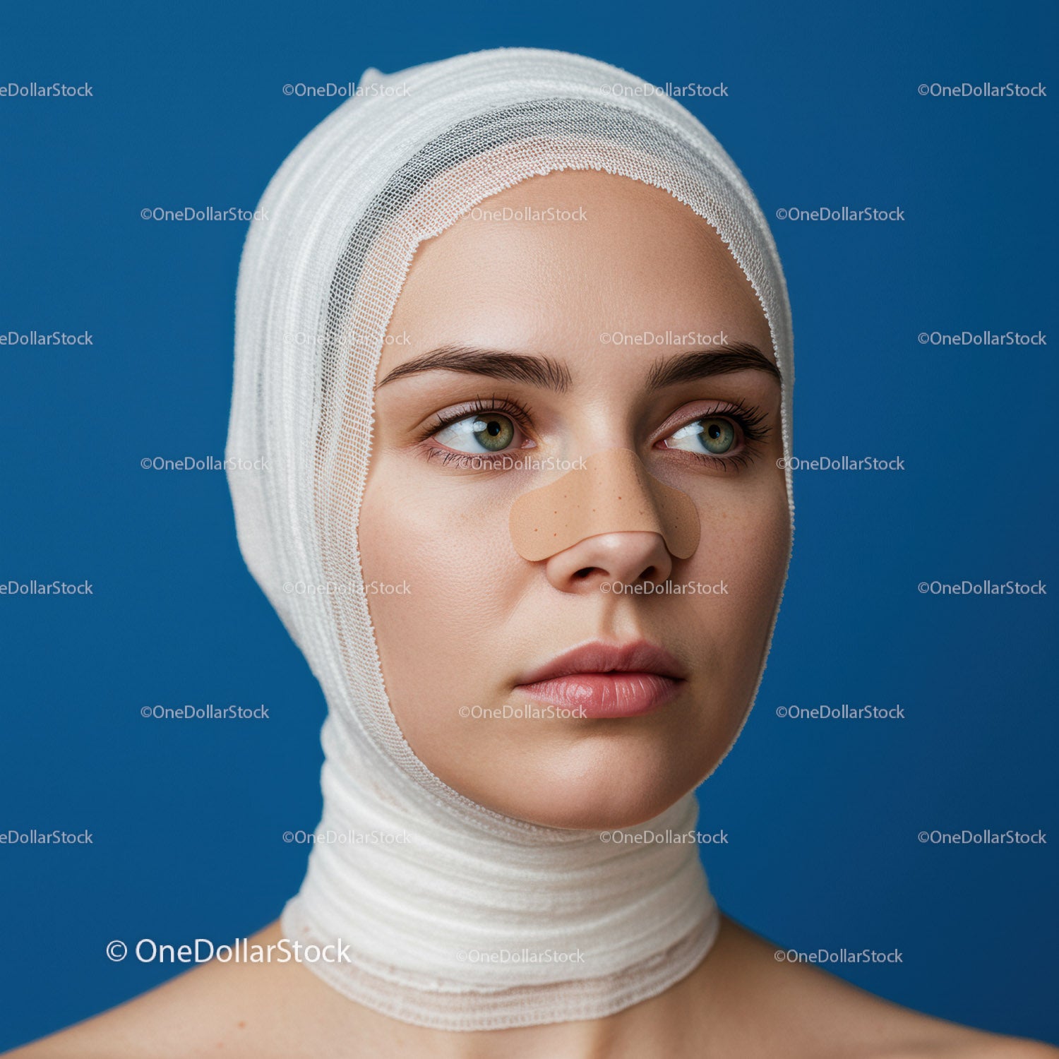 Woman with Bandages on Head and Nose for Medical Treatment