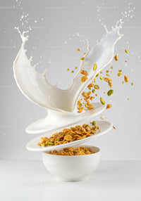 Splash of Milk with Cereal and Nuts in White Bowl