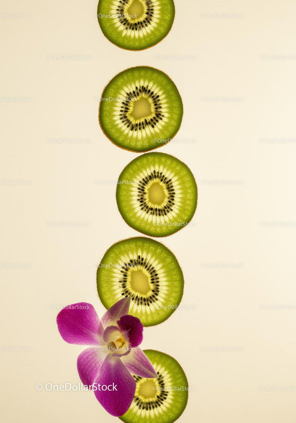 Fresh kiwi slices with vibrant orchid bloom