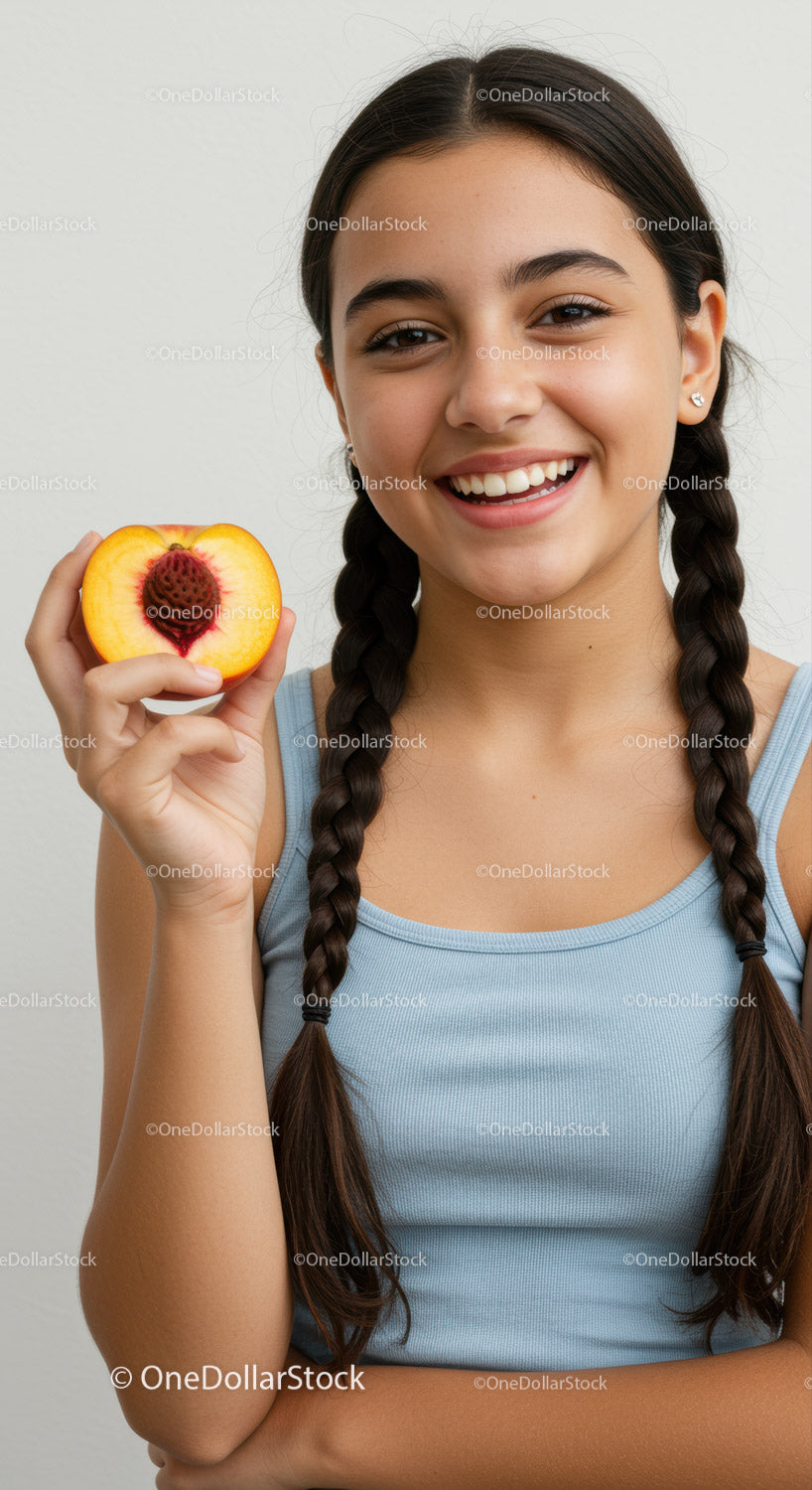 Smiling Girl with Long Braids Holding Fresh Peach with Strawberry