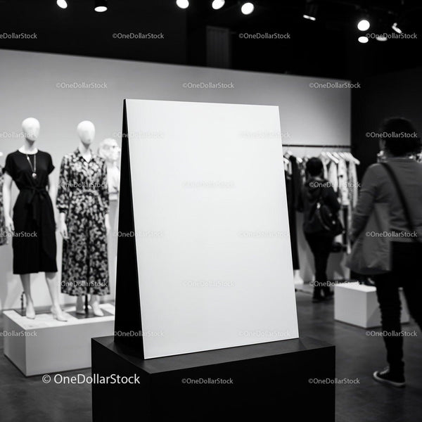 Blank Poster on Stand in Modern Fashion Boutique JPG Mockup Image