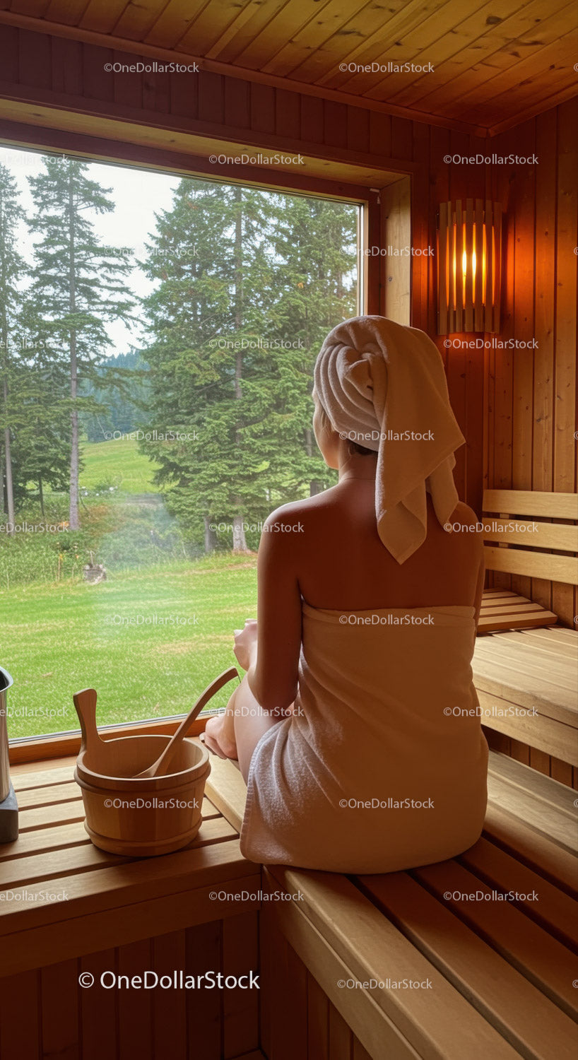 Woman Relaxing in Sauna with Forest View and Cozy Wooden Interior