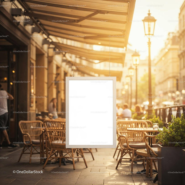 Blank Signboard Hanging Outside Cozy Outdoor Cafe JPG Mockup Image