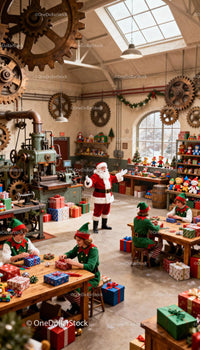 Santa and Elves Wrapping Gifts in Festive Workshop