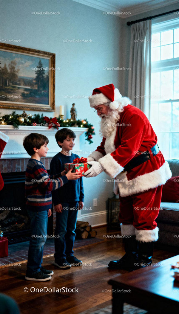 Santa Claus giving Christmas gift to two boys