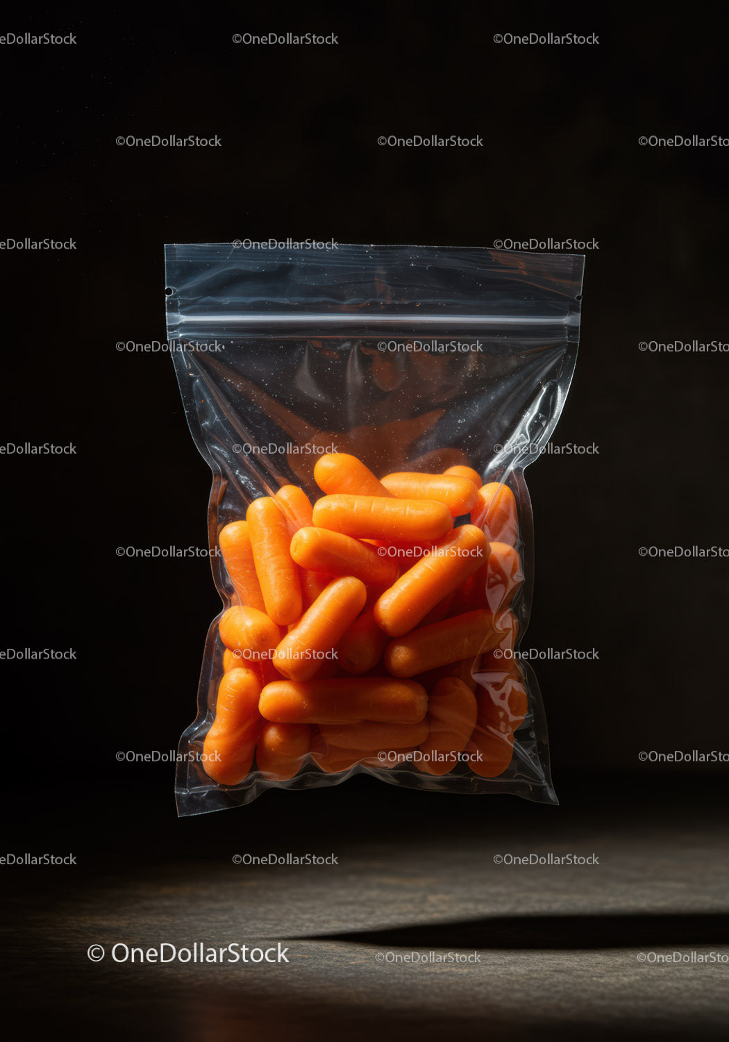 Baby carrots packed in a clear resealable plastic bag
