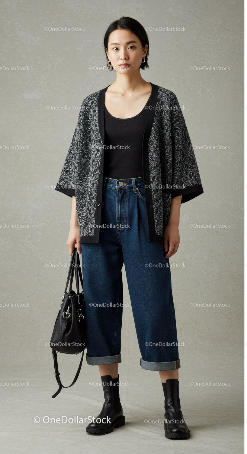 Stylish Young Woman in Casual Fashion with Animal Print Cardigan and Wide Leg Jeans