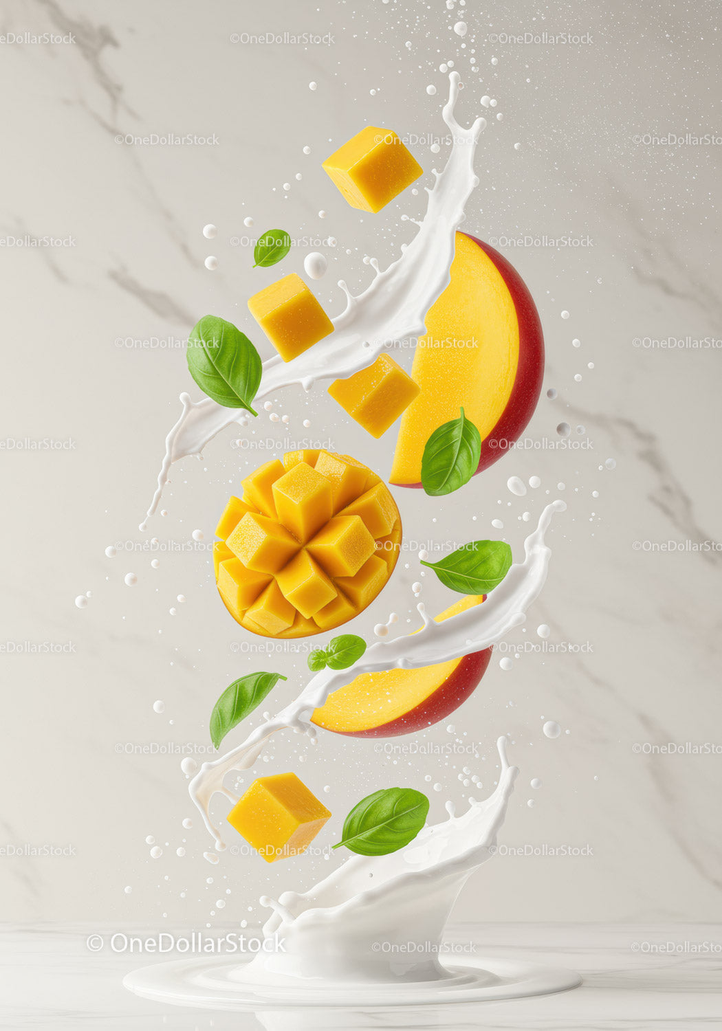 Fresh mango pieces splashing in creamy milk with basil