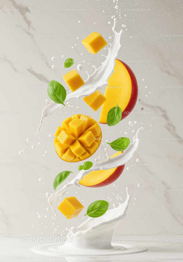 Fresh mango pieces splashing in creamy milk with basil