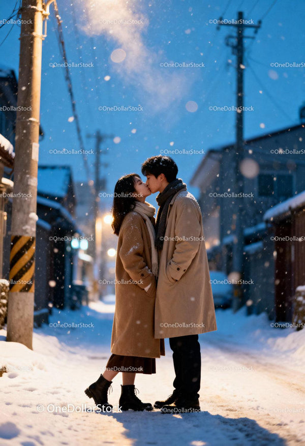 Couple sharing a tender kiss on a snowy evening