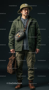 Casual Traveler with Bags and Outdoor Clothing Standing Against Dark Background