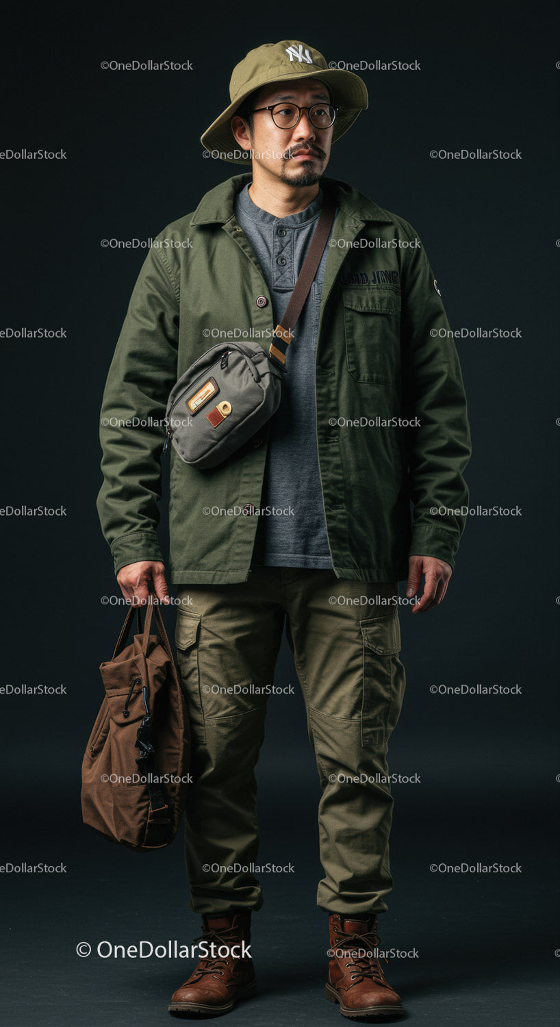 Casual Traveler with Bags and Outdoor Clothing Standing Against Dark Background