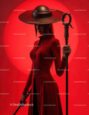 Elegant Woman in Red Dress with Accessories Against Red Background