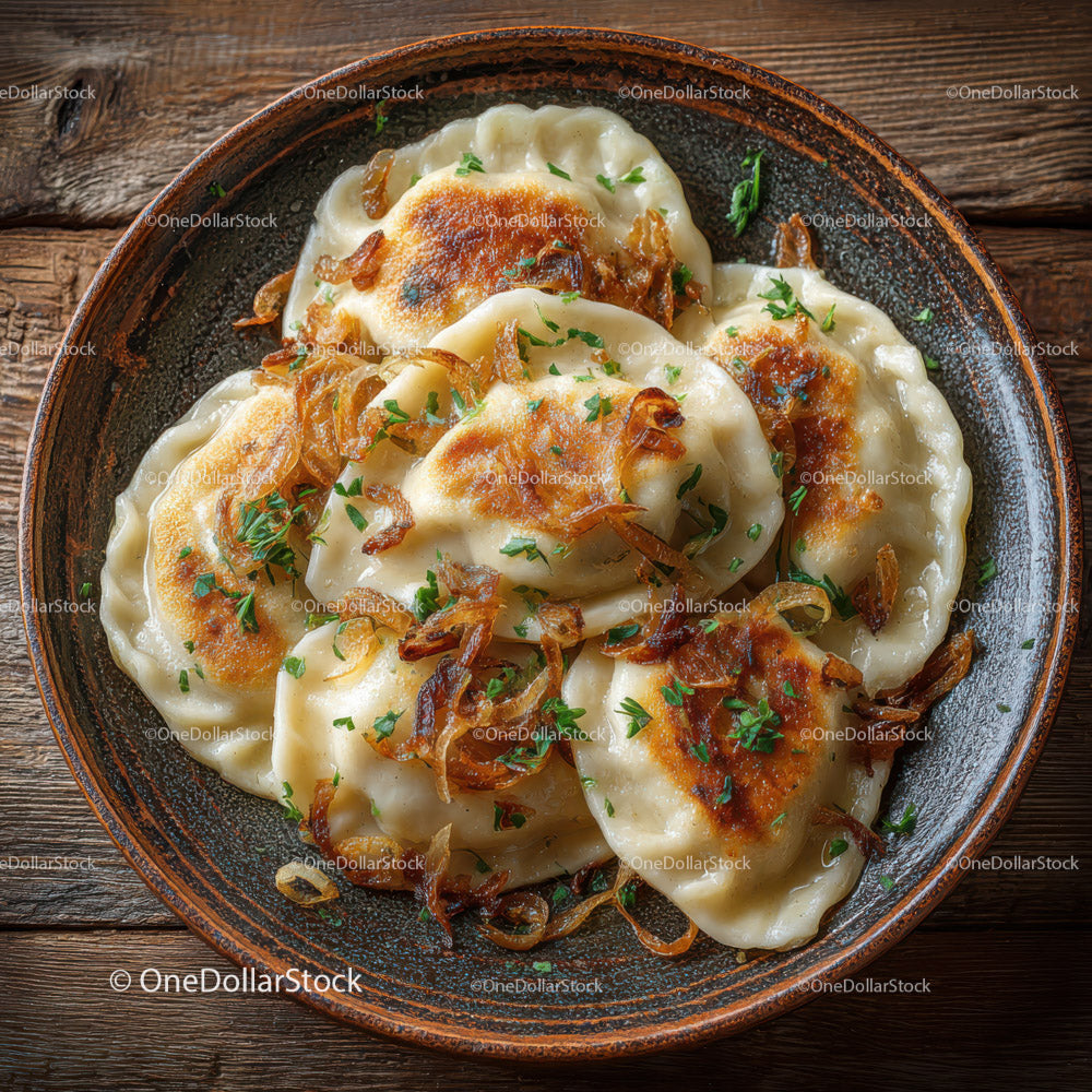 Delicious Fried Potstickers with Soy-Glazed Onion Garnish in a Rustic Bowl