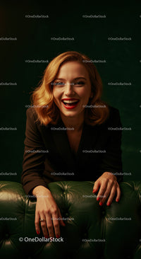 Confident Smiling Woman in Stylish Attire Sitting on Leather Sofa