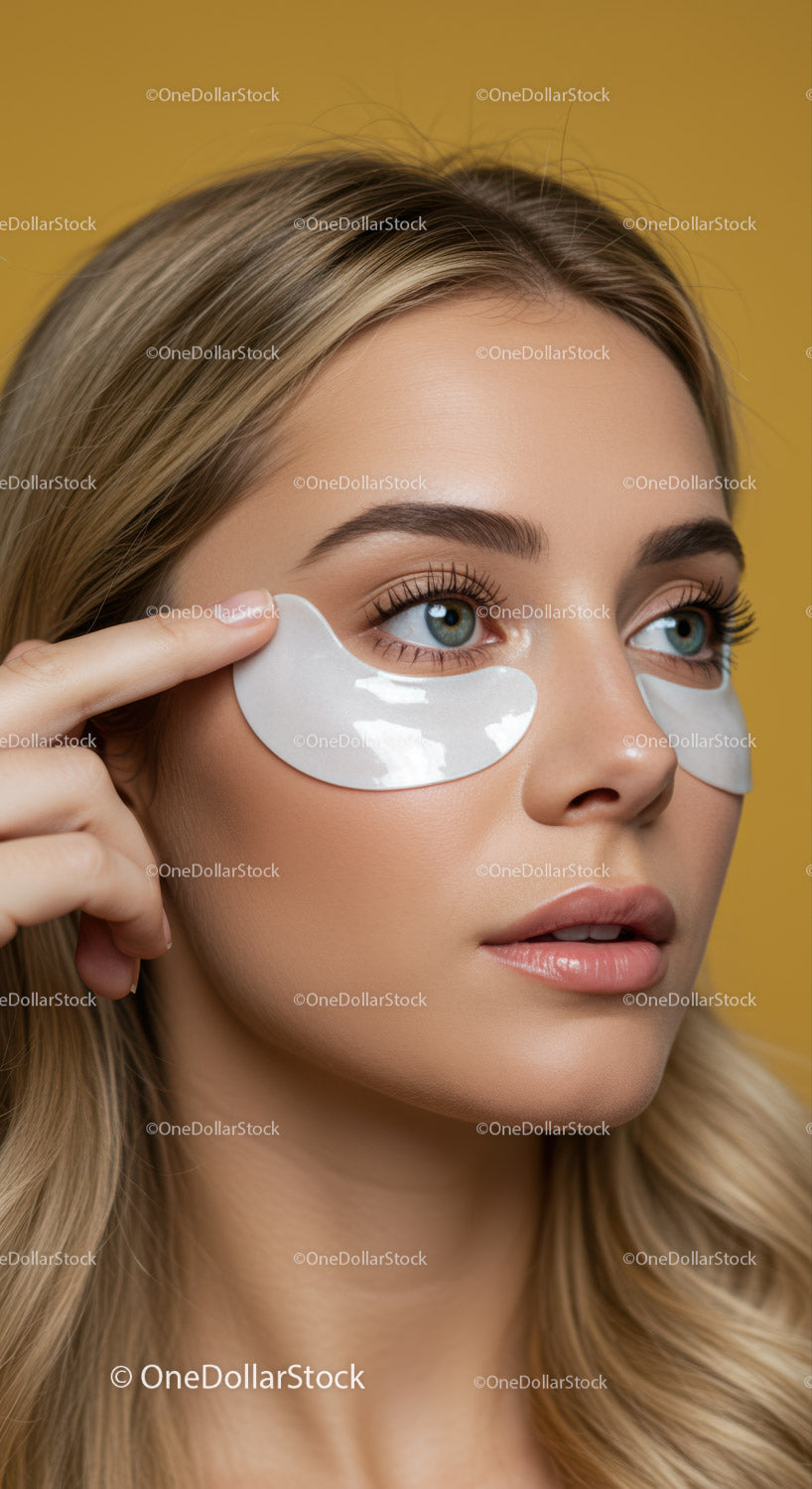 Woman with Under-Eye Patches Engaged in Skincare Routine for Healthy Skin