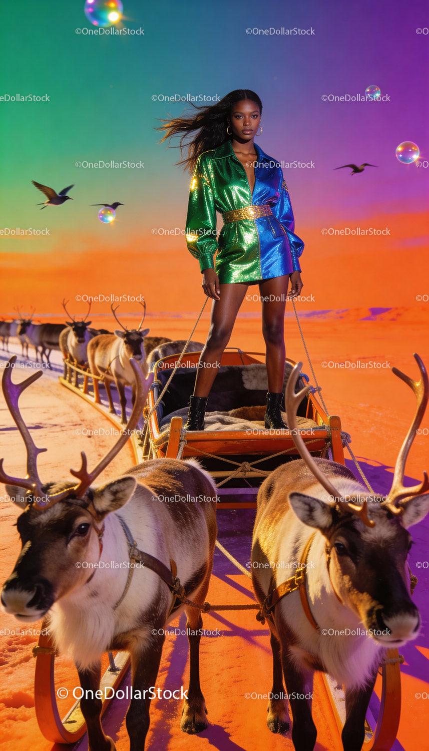 Confident woman in shiny jacket riding reindeer sleigh