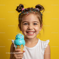 Smiling girl enjoying colorful ice cream cone outdoors