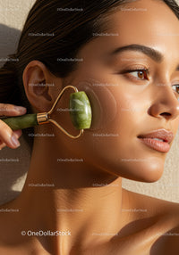 Young Woman Receiving Facial Massage with Jade Roller for Glowing Skin