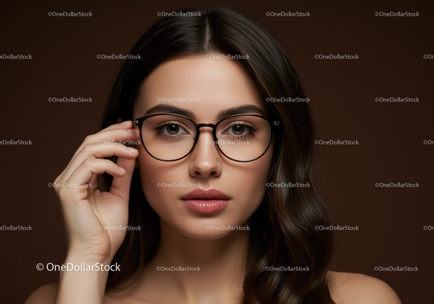 Elegant Woman Wearing Glasses Portrait with Brown Background