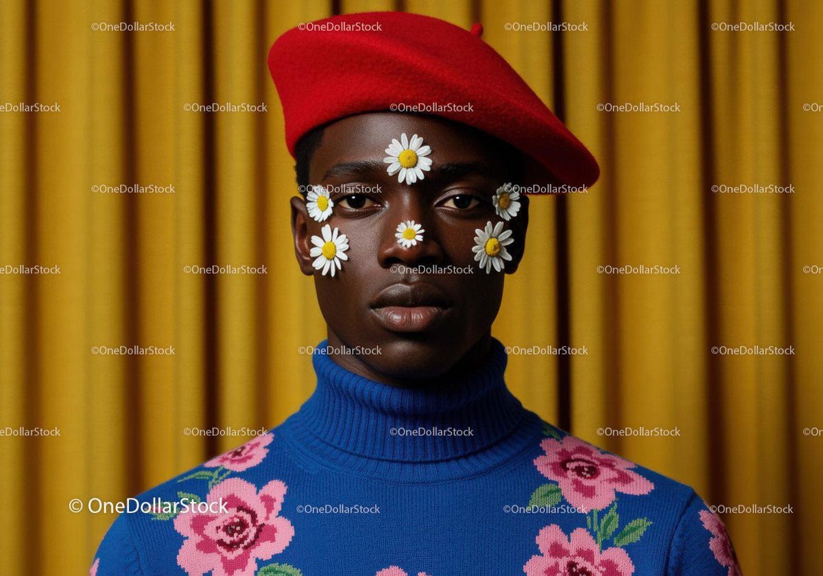 Young man with floral face art wearing red beret and blue sweater