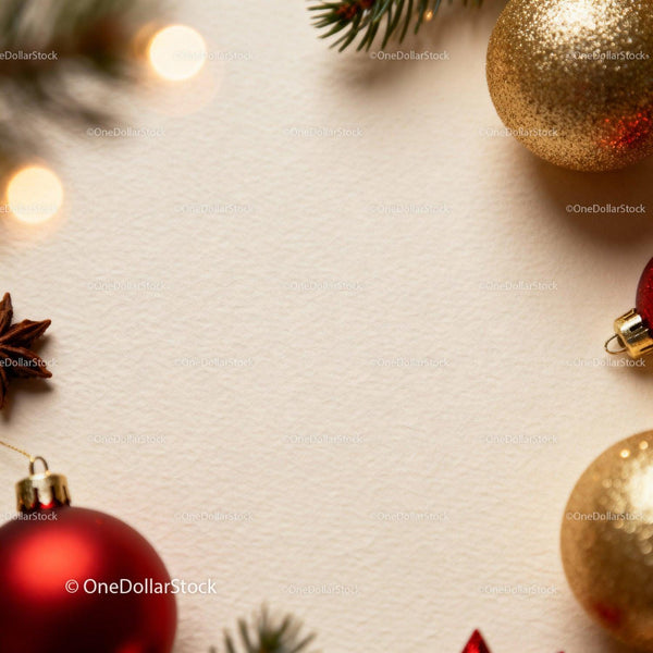 Festive golden and red Christmas ornaments on textured background