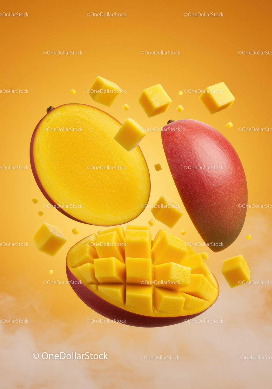 Fresh ripe mango cut into cubes against orange background