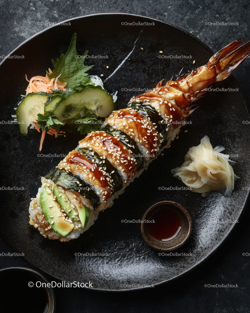 Fresh Sushi Roll with Shrimp and Avocado on Black Plate