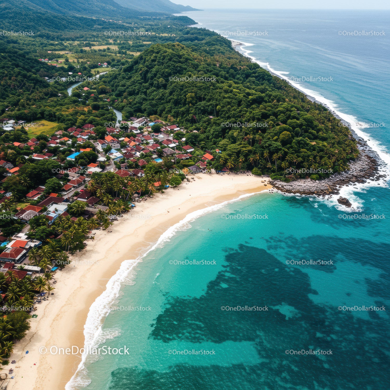 Tropical Beach with Lush Green Coastline and Clear Turquoise Water