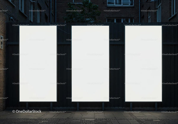 Three Blank Vertical Billboards in Urban Alleyway JPG Mockup Image