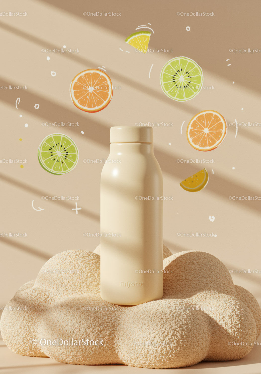 Minimalist beige bottle on textured natural surface