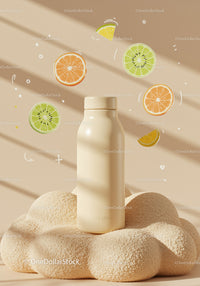 Minimalist beige bottle on textured natural surface