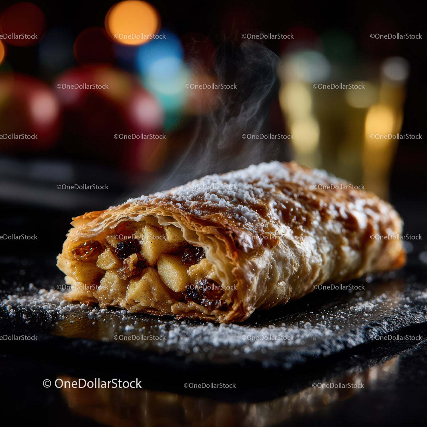 Świeży strudel jabłkowy z cynamonem i cukrem pudrem na czarnej płycie