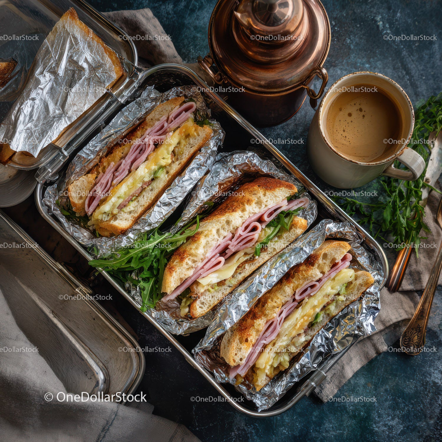 Delicious Ham and Cheese Club Sandwiches Served with Coffee and Tea
