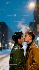 Two men sharing a tender kiss in snowy evening
