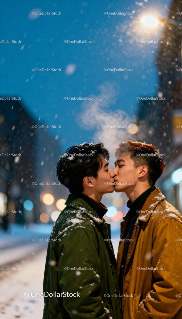 Two men sharing a tender kiss in snowy evening