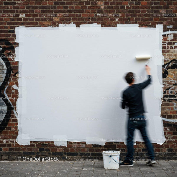 Person painting white rectangle on brick wall outdoors JPG Mockup Image
